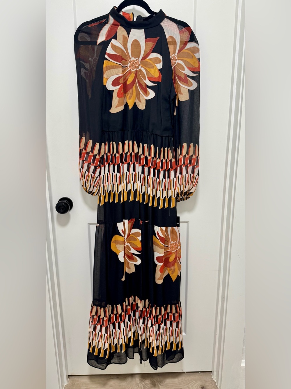 Maison Tara Black Maxi Dress with Mustard, Rust & Cream Floral Print